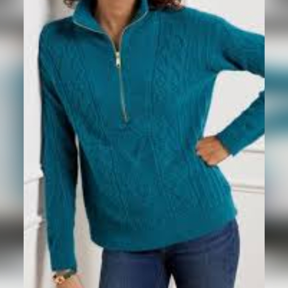 TALBOTS NWT 3X. TEAL / PEACOCK TEAL. CABLE KNIT HALF ZIP. LONG SLEEVE